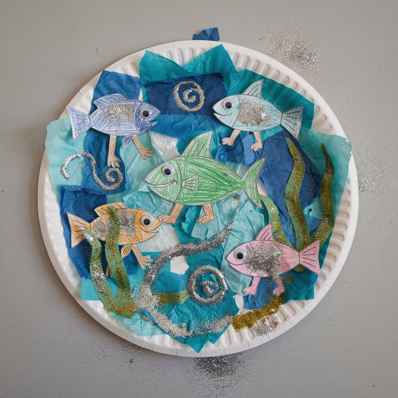 Round paper plate collage of an ocean in torn blue tissue paper, with paper fish with googly eyes around a big green fish, seaweed, and swirls of glitter glue.