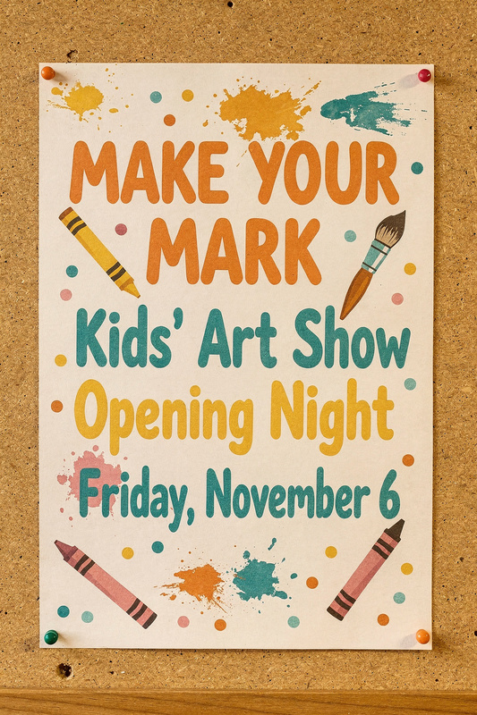 Poster on a library bulletin board reading Make Your Mark, Kids' Art Show, Opening Night, Friday, November 6, decorated with paint splats and crayons.
