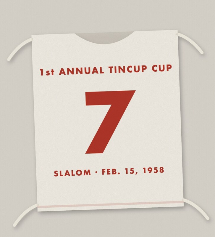 White cotton racing bib with ties, a large red number 7, 1st Annual Tincup Cup, Slalom, Feb. 15, 1958.