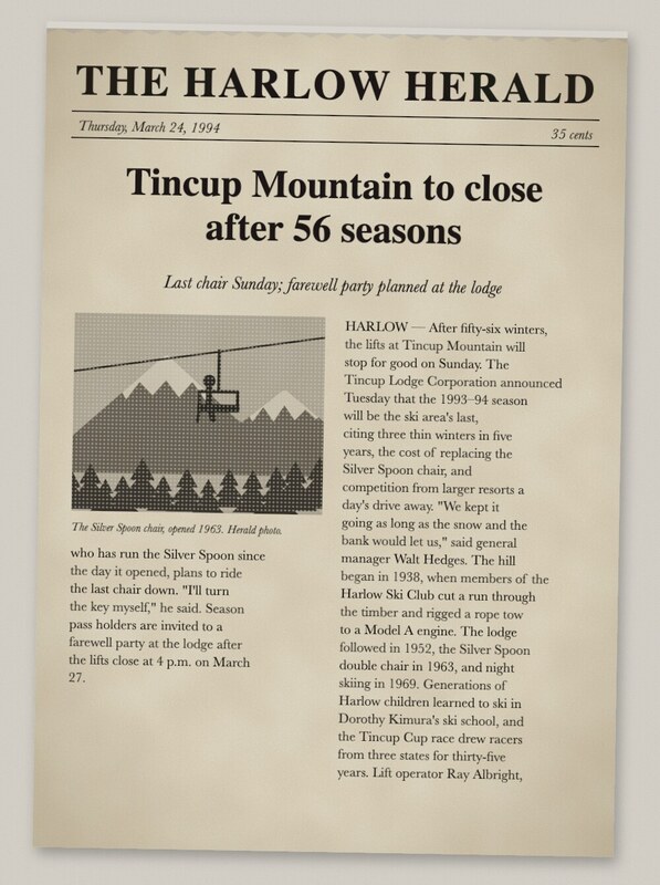 Front page of the Harlow Herald, March 24, 1994, headline Tincup Mountain to close after 56 seasons, with a halftone photo of a chairlift and two columns of text.