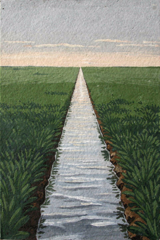 A gouache painting of a straight narrow silver irrigation ditch receding to a high horizon between two green alfalfa fields under a low summer evening sky, flattened forms, visible paper texture.