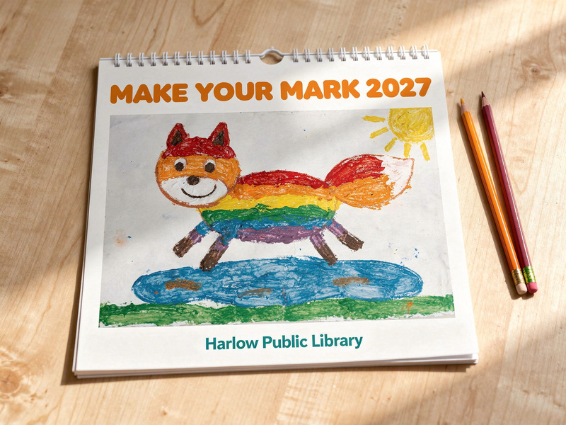 Spiral-bound wall calendar on a wooden table. The cover reads Make Your Mark 2027 above the Rainbow Fox painting, with Harlow Public Library below.