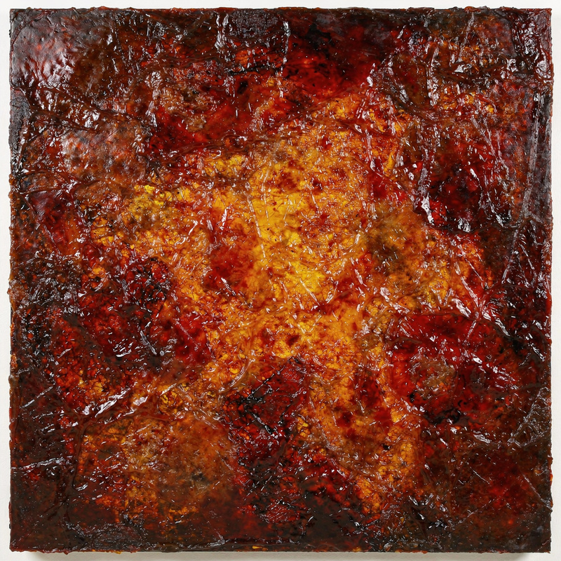 An abstract painting of deep reds and burnt orange glowing through layers of translucent encaustic wax, darker edges and a luminous center, textured waxy surface.