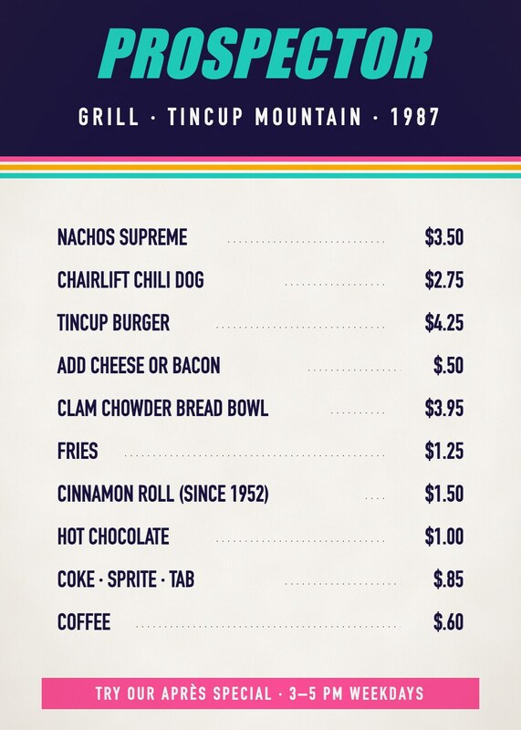 1980s menu: Prospector Grill, Tincup Mountain 1987, in teal on dark blue with pink, gold and teal stripes, listing nachos, burgers, chowder and drinks with prices.