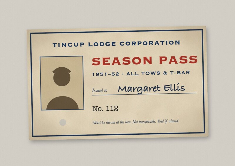 Cream season pass card: Tincup Lodge Corporation, Season Pass 1951–52, issued to Margaret Ellis in handwriting, No. 112, with a sepia photo of the holder.