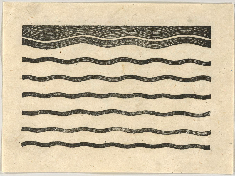 A black ink woodcut print on cream Japanese paper of eight wavy horizontal lines across the sheet, the top line thickest and each line below a little thinner, wood grain visible in the ink.