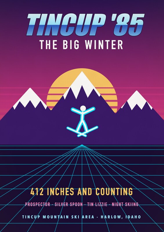 1980s poster: a neon skier jumps in front of purple peaks and a striped setting sun over a glowing grid. Chrome text: Tincup '85, The Big Winter, 412 inches and counting.