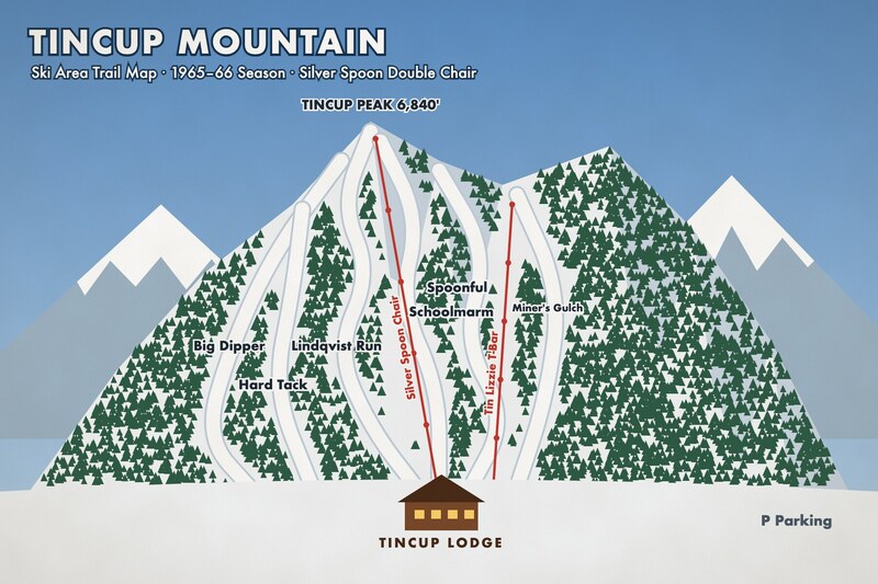 Painted 1965 trail map: a forested white mountain under blue sky with six labeled white trails, red lift lines for the Silver Spoon chair and Tin Lizzie T-bar, and the Tincup Lodge at the base.