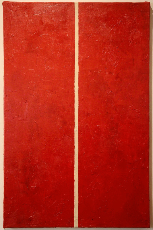 A large monochrome cadmium red painting with a single thin cream vertical stripe slightly right of center, subtle brush texture in the red, oil on canvas.