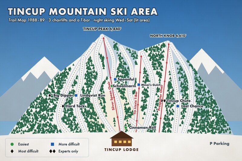Painted 1988 trail map: nine labeled trails with green, blue and black difficulty symbols, three chairlifts and a T-bar in red, North Knob, a shaded night-skiing area and a legend.