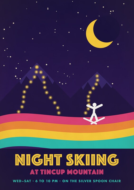 Psychedelic poster: lamps glow along trails on a dark purple mountain under a crescent moon and stars, with rainbow stripes below and a skier jumping. Yellow text: Night Skiing at Tincup Mountain.