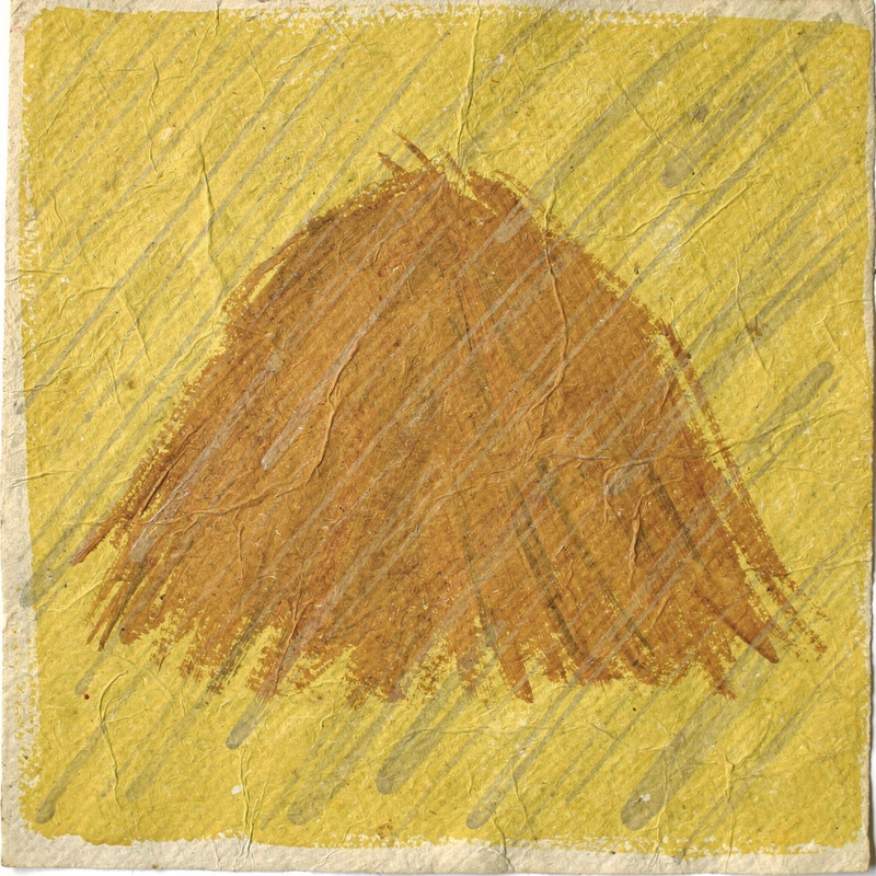 A loose gouache painting on paper of an ochre haystack shape on a yellow field, slanting translucent grey rain strokes over everything, visible paper texture.