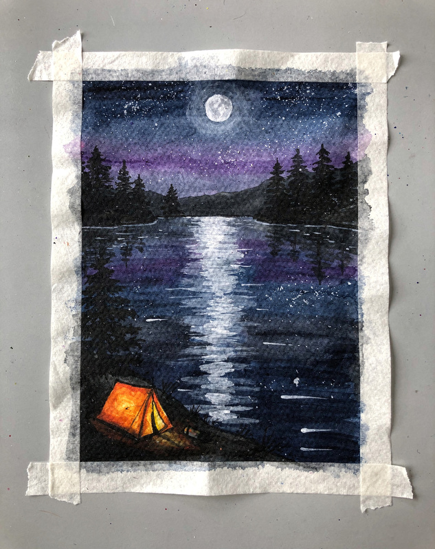 Watercolor of a dark blue lake at night with a full moon's path of light on the water, pine silhouettes, a small glowing orange tent, and a speckled starry sky.