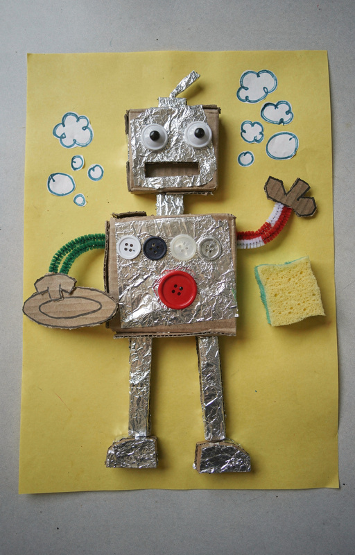 Collage of a foil-covered cardboard robot on yellow poster board with bottle-cap eyes, real buttons including a big red one, pipe-cleaner arms holding a plate and sponge, and drawn bubbles.