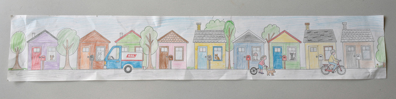 Long colored-pencil panorama of a street of fourteen small houses with mailboxes, trees, a mail truck, a kid on a bike, a dog walker, and a house with a blue door and a cat in the window.