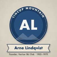 Navy roundel badge with the initials AL and a ribbon reading Arne Lindqvist, Founder, Harlow Ski Club, 1902–1979.