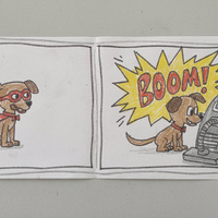 Four-panel marker comic: a brown dog hides behind a chair saying NO, puts on a red cape and mask, crashes into a vacuum with a yellow BOOM, and stands proudly on the tipped-over vacuum.