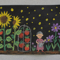 Oil pastel drawing on black paper of a night garden: sunflowers, tomato plants, purple flowers, a small grandma with a watering can, and yellow dots for fireflies.