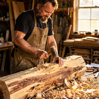 Daniel Reyes-Whitfield in his workshop, 2021. A color photograph of a man in his thirties with a short beard and a canvas apron, carving a large cedar log with a mallet and chisel in a woodshop full of wood shavings, warm light from a high window.