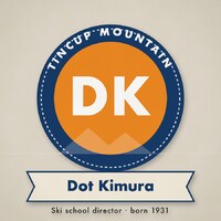 Orange and navy roundel badge with the initials DK and a ribbon reading Dot Kimura, Ski school director, born 1931.