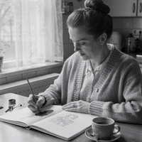 Helena Strand at her kitchen table, 1962. A black and white photograph from the early 1960s of a woman in her fifties with her hair in a bun and a cardigan, drawing with a stick of charcoal in a sketchbook at a kitchen table beside a window, a cup of coffee beside the sketchbook.