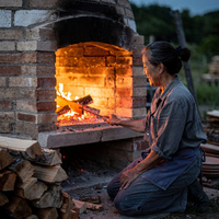 Aiko Mori at her wood kiln, 2015. A color photograph of a Japanese-American woman in her forties with her hair tied back and work clothes, kneeling in front of the open firebox of a brick wood-fired kiln at dusk, the glow of the fire lighting her face, stacks of split wood beside her.