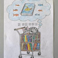 Marker drawing of a gray striped cat asleep on a library book cart, with a dream bubble above showing a book with a fish on its cover surrounded by swimming fish.