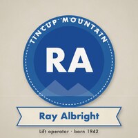 Blue roundel badge with the initials RA and a ribbon reading Ray Albright, Lift operator, born 1942.